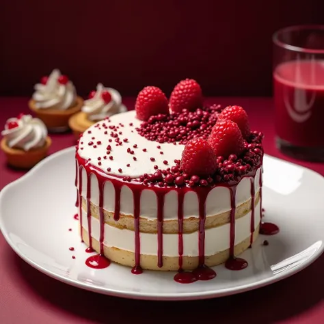 A vibrant, hyperrealistic close-up of a stunning yin-yang themed cake.  The cake is layered, with contrasting white and dark red/maroon icing swirls, mimicking the yin-yang symbol.  Fresh raspberries are artfully arranged atop the icing, adding pops of col...