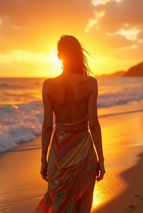 Images of a 45-year-old woman on the beach with her back at sunset with a maize and canga