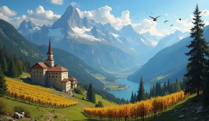 Create a masterpiece, best quality, in Italian Renaissance painting style. Background: Blue sky, high mountains with snowy peaks, coniferous forests on the mountain slopes, Italian alpine village with alpine church tower, lake, flying birds.
Foreground: (1...