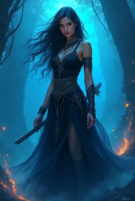 Design an image of a beautiful young gypsy warrior with a wide-back shadow with a black tunic on the back of her back on a fantasy background in shades of blue and with flames of fire 