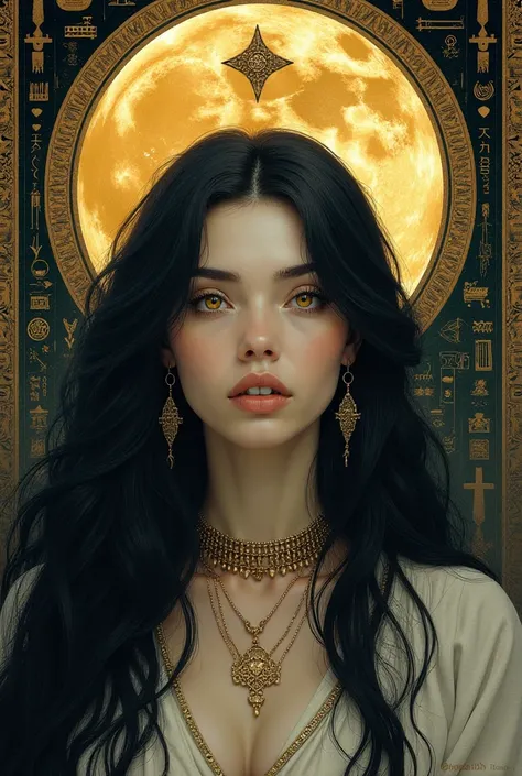 A woman great beauty with yellow eyes and long dark hair like the night with white skin and she is the god lilith in mesopotamia