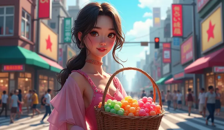 A beautyful girl selling candies on signal 