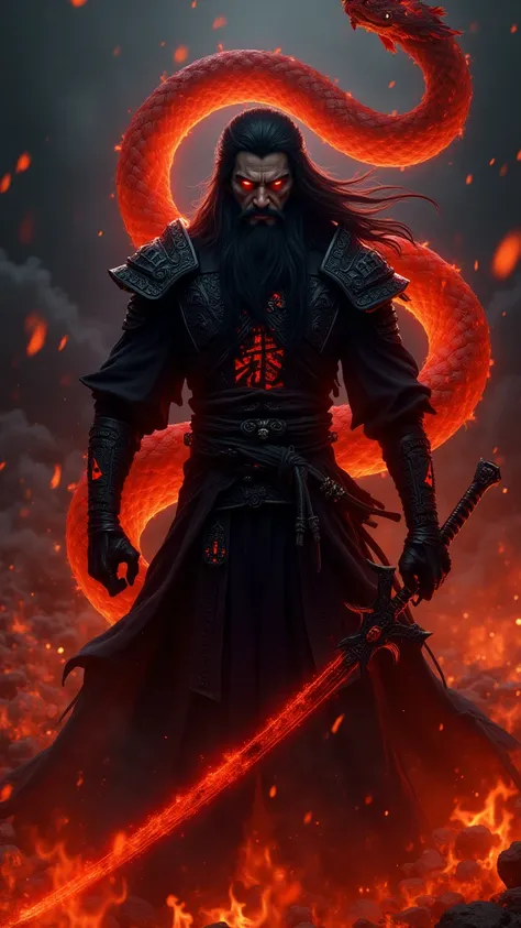 Prompt: "Kaijin, the God of Ash – a dark fantasy anime warrior forged in black steel with glowing molten cracks. His fiery eyes burn like an infernal blaze, and his long dark hair flows like rising smoke. Clad in obsidian armor with crimson runes, he wield...