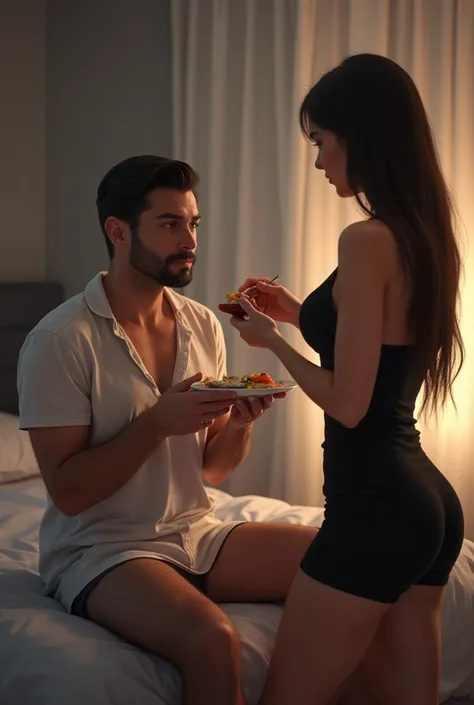 Man sitting on a bed eating while a woman watches him the woman is wearing a short black dress.