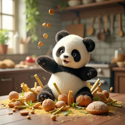 high quality, 8K Ultra HD, A rabbit plushie toy panda who loves baking bamboo but his baking has exploded and gone everywhere