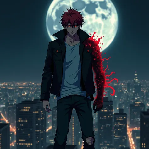 "Um personagem de anime no estilo de Prototype e Tokyo Ghoul, Renji Kisaragi ,  is standing on top of a tall building at night ,  looking down at the city below with an intense and determined look .  He wears Alex Mercer's iconic black jacket , open,  reve...