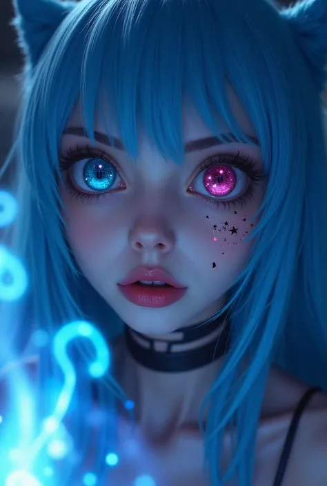 woman, face close-up, right eye blue, left eye pink, eyes reflecting stars, close-up of eyes, tattoo, big lips, choker, serious expression, long blue hair, blue cat ears, long black nails, leans forward, naked, serious, bright moon, flying blue flames, blu...