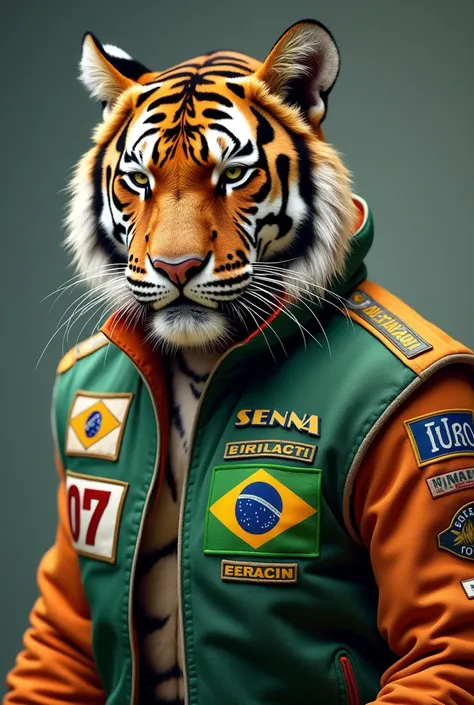 Very muscular and defined tiger with human features,  badges with Formula 1 pilot jacket, with several emblems written Senna on the chest and also 1072 and on the right arm written 1072 and yet another emblem written TURO on the left arm on the jacket,  a ...