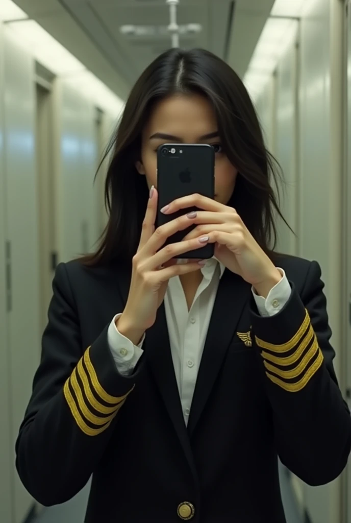 Make a realistic Latin girl ,  with a realistic white complexion one meter and seventy centimeters high, Black haired haired haired woman dressed as a commercial pilot , black uniform with pilot epaulets (4 yellow lines), white shirt and in the black jacke...