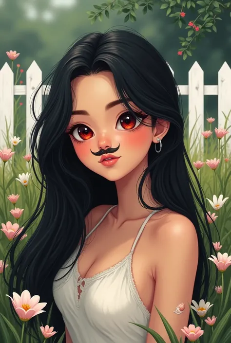  Make romantic fanart-style book cover , Of one with long black hair,  Big Cheeks, olhos redondos e round nose junto com um garoto, short low hair, moustache, round nose,  round eyes and thick eyebrows against a grassy garden background, white fence,  ligh...