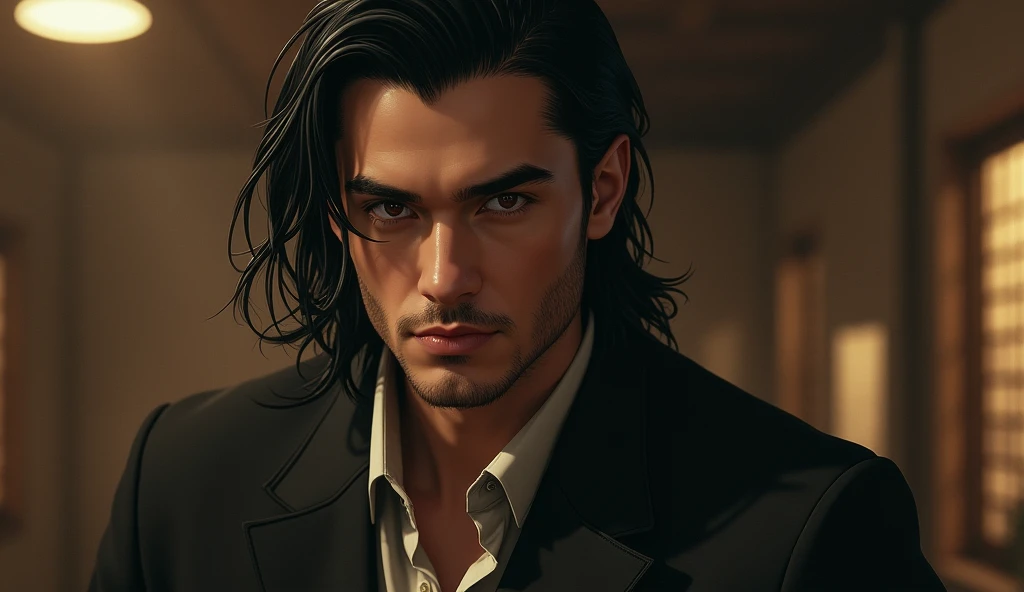 Tall man with brown eyes,  long black hair , friendly and young mobster