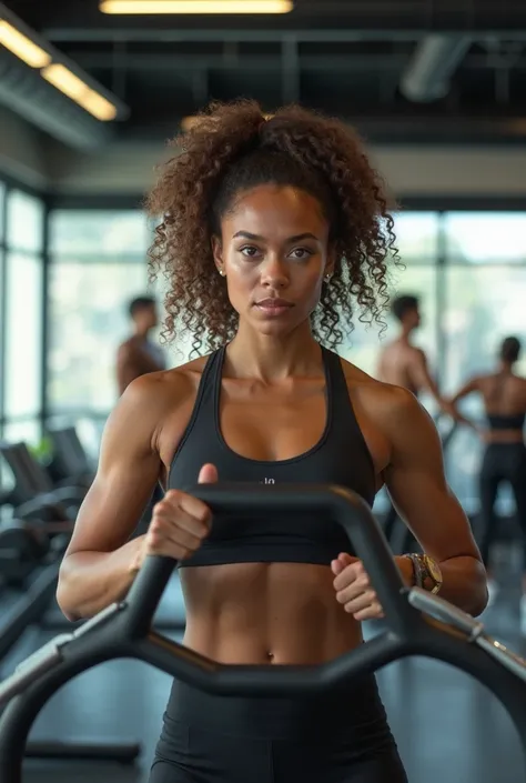 A woman with curly brown hair at the gym