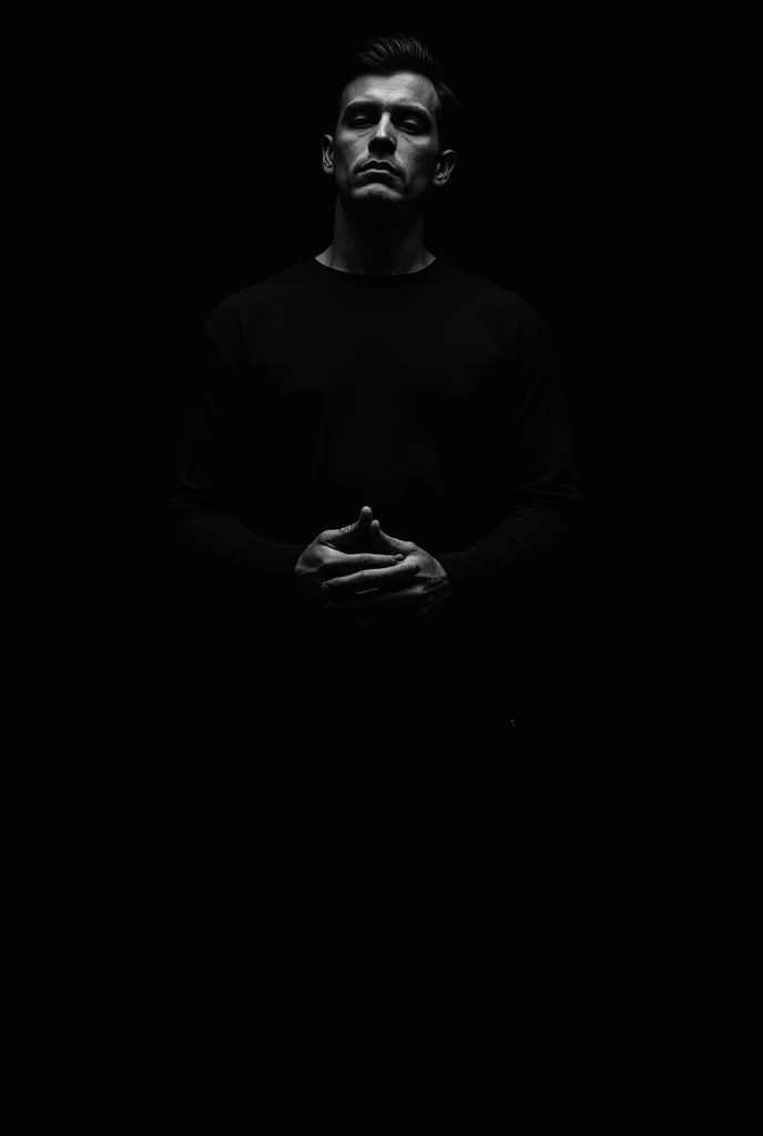 a dark image of a white male standing with hand folded with no background 