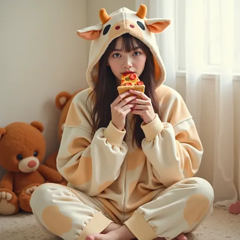 Una chica coreana (hyewon) de 21 años,  de tez blanca, de ojos miel, pelo rojo fantasía  wearing pajamas in the form of a cow costume with ears and a hood, bare feet, sitting in a cute white-toned room with stuffed animals, in her hand a slice of pizza, ea...