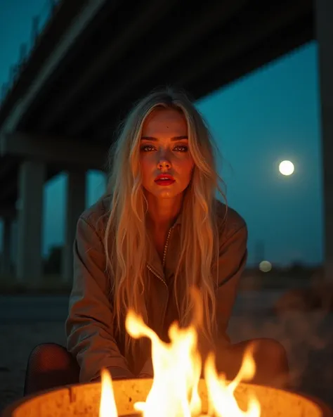 Full body shot, photography photo of a homeless beautiful women with long blond hair, makeup, red lipstick setting under the bridge around the fire pit, at night, moon light