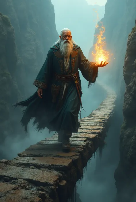 "Magic on the fingers , Dangerous path":  A wizard walking across a narrow and dangerous bridge,  with magic lights shining on the tips of the fingers .