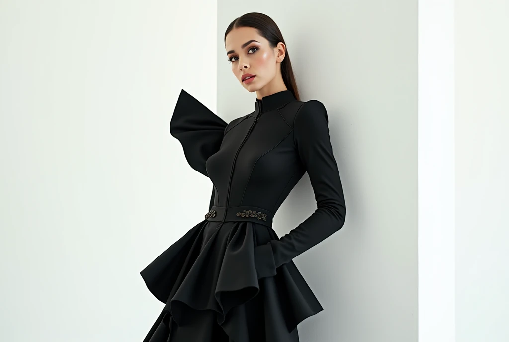 Real image of a female model posing in an elegant black dress in the style of Balenciaga and Lady Gaga on a white background.