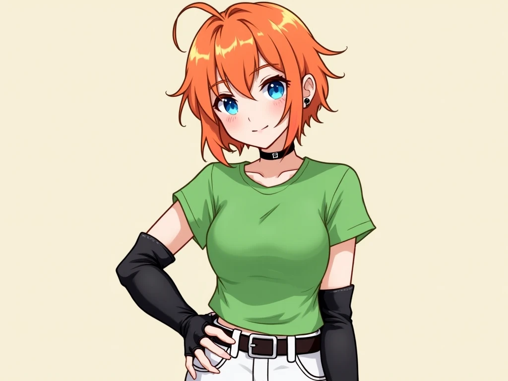 , 1girl, young,18 year old  cute, orange hair, short hair, messy hair, brown eyebrows, blue eyes, eyeliner, Fingerless Gloves, Gauntlets, Arm Warmers, black earrings, black choker, green T-shirt, medium breasts, white jeans, torn jeans, belt,Black
