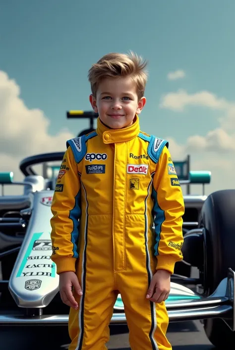 a  boy dressed as a Formula 1 pilot.   that he comes out wearing yellow clothes with sky blue details, Next to his car .  Hyperdetailed ,  realistic, cinematic, epic details, ultra-sharp, UHD.