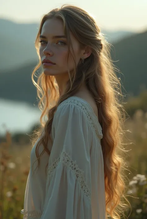 Slavic girl with long hair Standing sideways/BACK