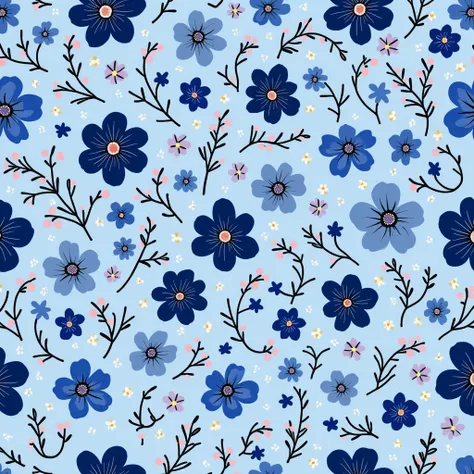 A very detailed floral pattern of many small flowers together with bright, intense and pure colors. The pattern is of many small flowers in deep blue color and light sky blue background. The main flowers are deep dark blue with pure black details and cente...