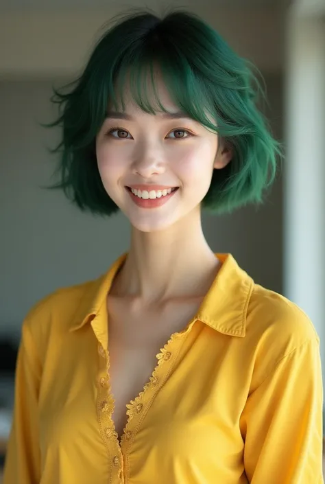  A woman, Chinese and Korean, (20 years)gorda,  Has short hair ,  green hair ,  dark brown eyes,  wearing a yellow shirt with a neckline and lace,  Upper body,  is smiling, 1 ,  high resolution, breasts, Rice,  short hair, fringe,  high resolution, quality...