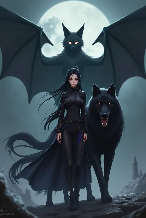 One with black hair in a ponytail ,  the one with a black wolf and she has an anime-style bat