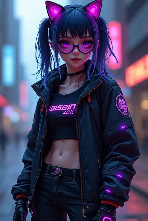  15-year-old adolescent woman 
Black cyberpunk jacket with purple and blue LED lights.

 It has visible circuits on the sleeves that flash when you use your equipment .

The logo of a "virus digital"  On the back.


🔹  Black crop top with neon details .

 ...