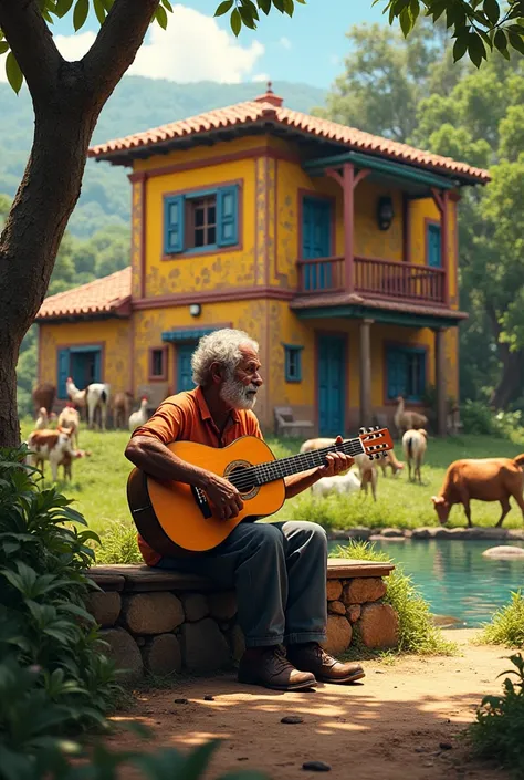 create a Brazilian style house near a currau where you keep the animals and an elderly man with a guitar HD photo style