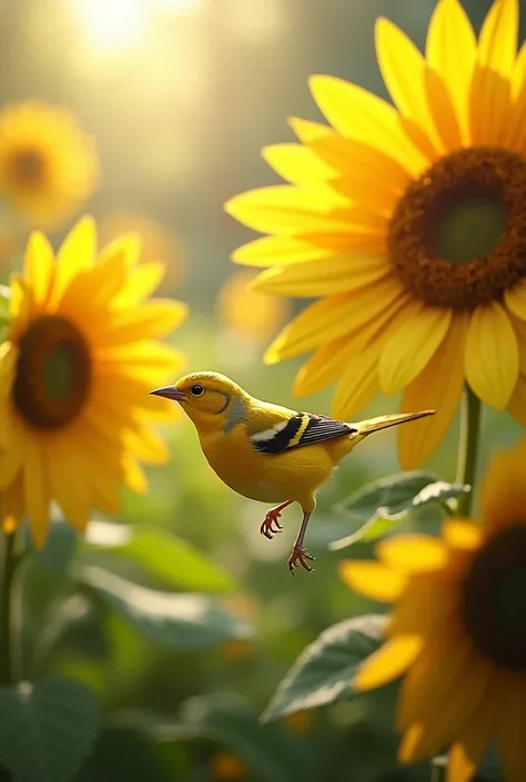 
A golden-yellow siskin flits between sunflowers in a summer garden.