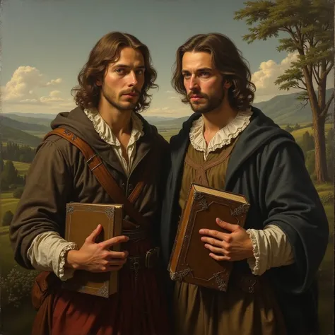 Two friends in search of truth in the style of 17th century paintings