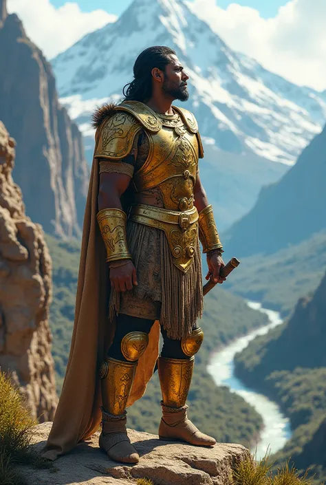  Argentina : An ancient Inca warrior wearing gold armor stands on a rocky cliff overlooking a vast valley.

