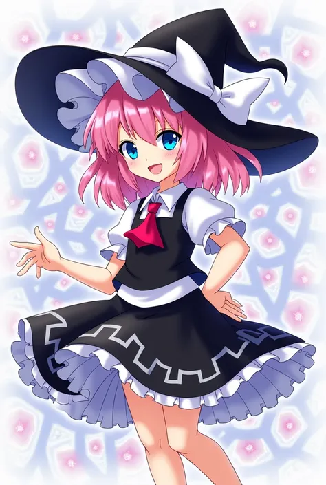  Please draw Marisa Kirisame from 、 Touhou Project with an anime-like pattern。、 pink haired girl 、 blue eyes、