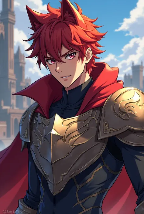  Digital illustration , anime,  create a medium-haired red-haired male character, Wearing the wolf armor from Knights of the Omega Zodiac