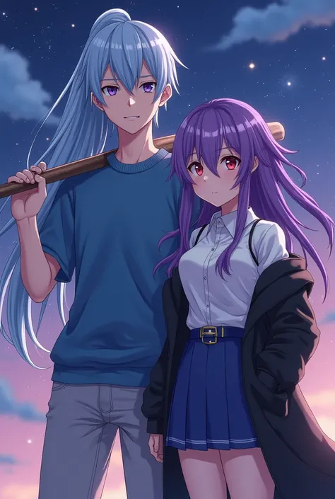 The purple-eyed anime man has long hair tied in a blue-white ponytail, wears a gray tights and carries a blue short-sleeved sweater, holds an iron baseball bat. He is the guardian of the stars, and then stands next to the purple-haired girl with sparkling ...