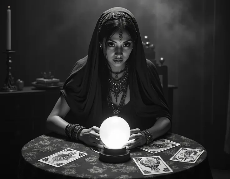 Old black and white photo of a fortune teller ( Seductive gypsy woman) reading tarot cards and with a crystal ball on the table