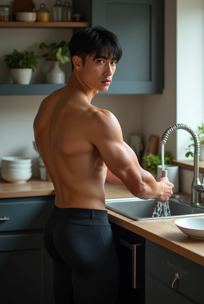 Latin man,model, fair skin ,Bangs on straight black hair,  blue eyes,  athletic body, big, perky ass,In the kitchen washing dishes