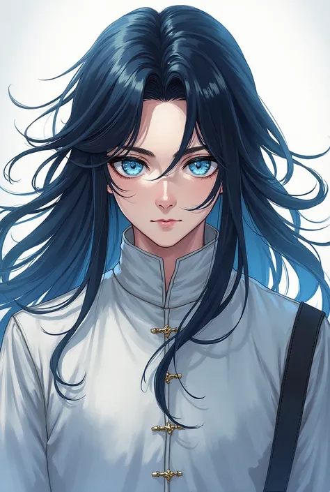  borrowed letter ,  masterpiece,  ultra high resolution,  boy, very young  with masculine traits, medieval white clothing , Very long, black hair and poor care,  extremely penetrating blue eyes, serious look, Magic no ar, manga style,