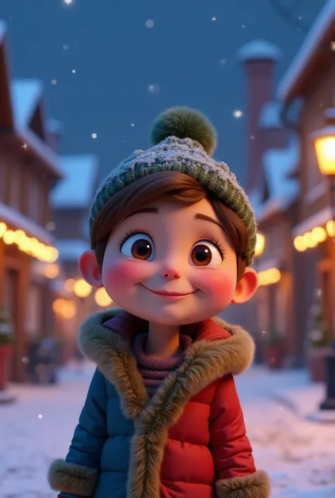 Create a joyful and whimsical animated character in a vibrant winter village setting at night. The character should have a round, friendly face with rosy cheeks, dressed in a colorful, fur-lined winter coat. Include softly glowing streetlights and a hint o...