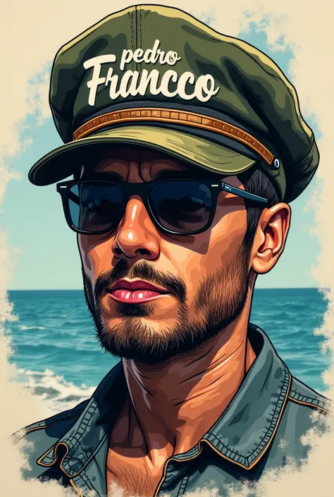 Create a symbol /   logo for the singer Pedro Francisco  ,  Where the main thing in the image is a fisherman's cap with the artist's name, And without having any features or faces . Identical to this, But with some color