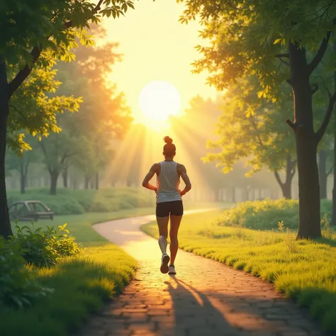 "Morning exercise :  person running in a park at dawn ,  with golden sunbeams illuminating the landscape and an energetic environment."