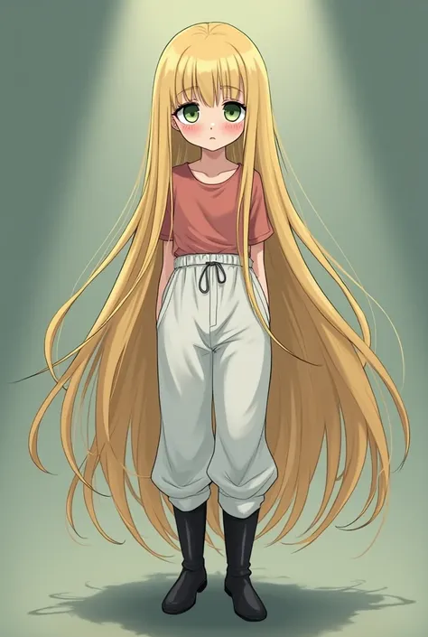  anime girl image,  very long blonde hair , gloomy green eyes, very pale skin, reddish lips,  long eyelashes ,  height 1.50,  very thin ,  profiled nose, sad and selfless expression,  long cabardina white pants, loose white pants and long black boots 