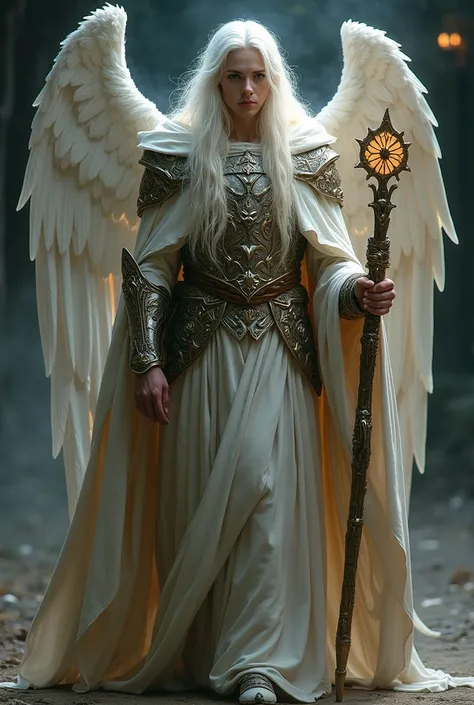 Azrael, a half-angel cleric, stands tall, his divine presence undeniable. His long, flowing white hair cascades down his back, framing a face of ethereal beauty and wisdom. His piercing, otherworldly eyes glow faintly beneath the shadow of a deep, hooded c...