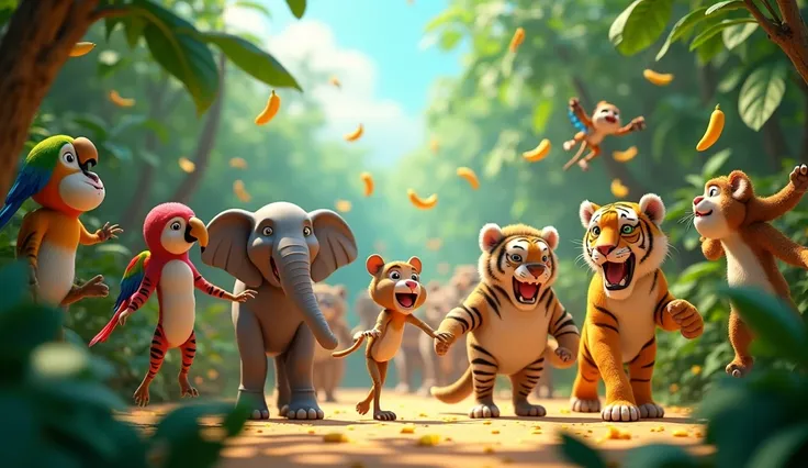 3d animated The parrots are singing, the elephants tap,
Tigers are twirling in a jungle dance trap.
Bananas in bunches, flying through the air,
Monkeys catch ‘em mid-boogie without a single care!