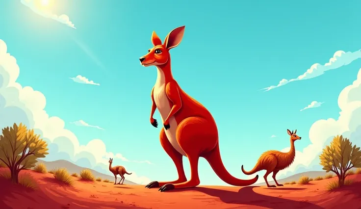 A captivating thumbnail featuring a powerful red kangaroo standing tall with strong, muscular legs and a focused gaze, set against the vibrant Australian outback. The background showcases a bright blue sky with scattered clouds, red dusty soil, and sparse ...