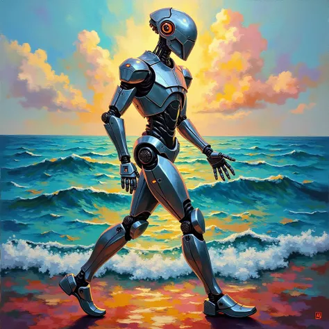 Cubist oil artwork with vivid colors of a character from the future droid walking above the sea