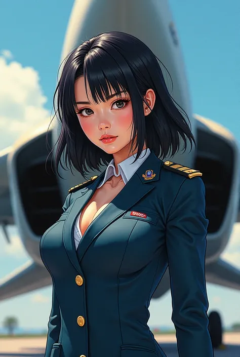 Young Japanese woman with black hair,  in Airforce uniform with deep neckline in front of fighter plane, comicstil
