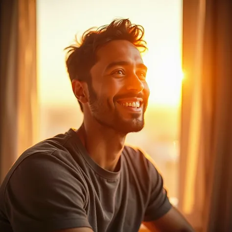 Smiling man looking out the window, with a positive and motivated attitude , as the sun illuminates his face ."