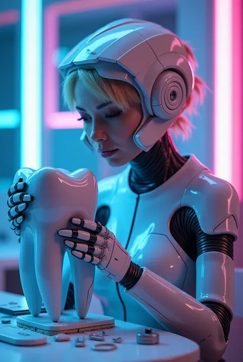 a blonde female cyborg artist, wearing cyborg suit with combined with cyborg helmet, sculpting  a big electronical  tooth sculpture, using electronical parts. Futuristic dental office with Neon background with vibrant blue and purple colours. realistic cyb...