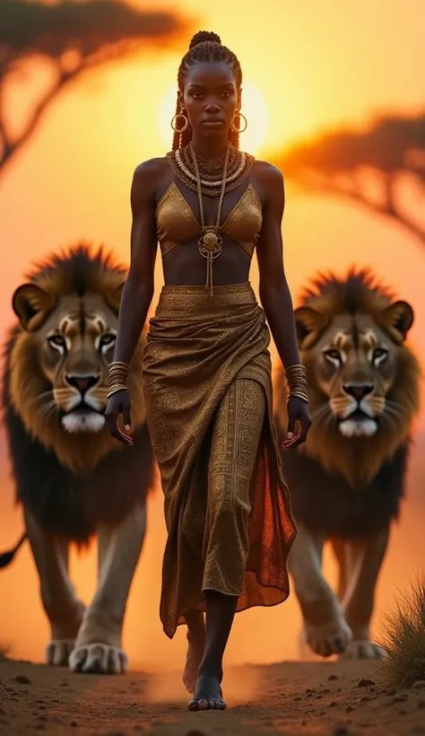 "A highly realistic and highly detailed cinematic image of a royal pharaonic woman walking across a golden savanna at sunset, flanked by two powerful lions. Her deep, rich ebony skin has a soft, natural glow, reflecting the warm tones of black. Her eyes ar...